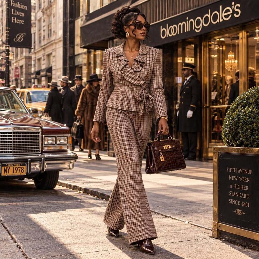 Bloomingdale's Plaid Ruffle Pant Suit Size 10 Brown Wool